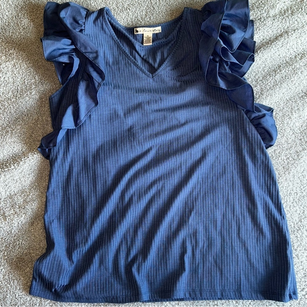 Blue Sleeveless Ruffled Ribbed Blouse